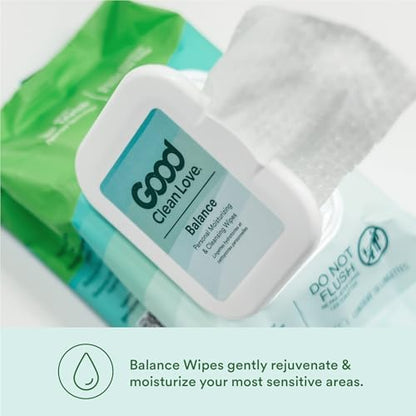 Good Clean Love Balance wipes 30 count pack for on-the-go odor reduction.