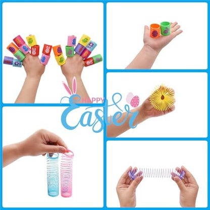 Kids playing with elastic rainbow coil spring toys on a flat surface