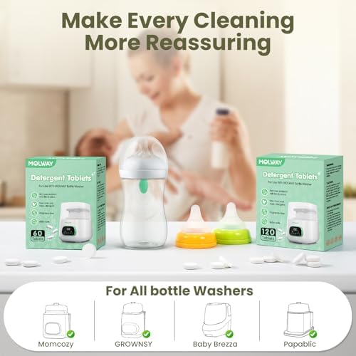 Premium 120 count pack of infant bottle washer machine tablets for daily sterilization.