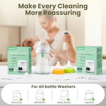 Premium 120 count pack of infant bottle washer machine tablets for daily sterilization.