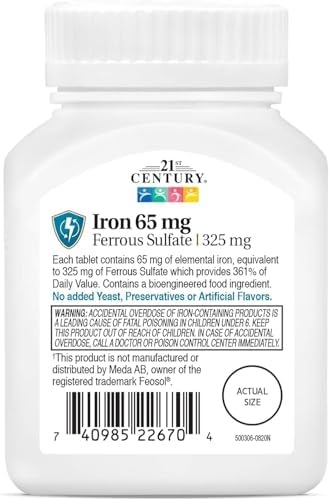 21st Century High Potency Iron dietary supplement facts and ingredients panel label view
