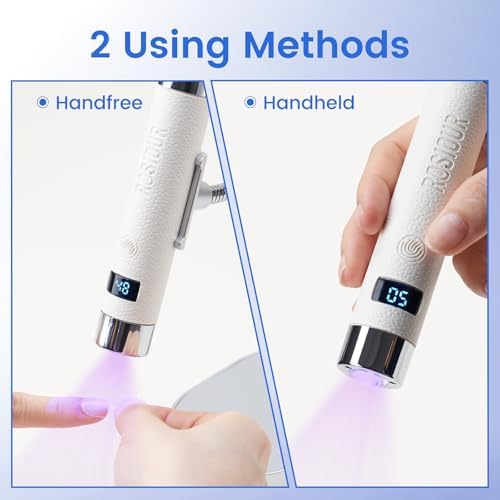 Side profile of White Rosiour mini nail dryer highlighting its ultra-lightweight design and elegant aesthetic.