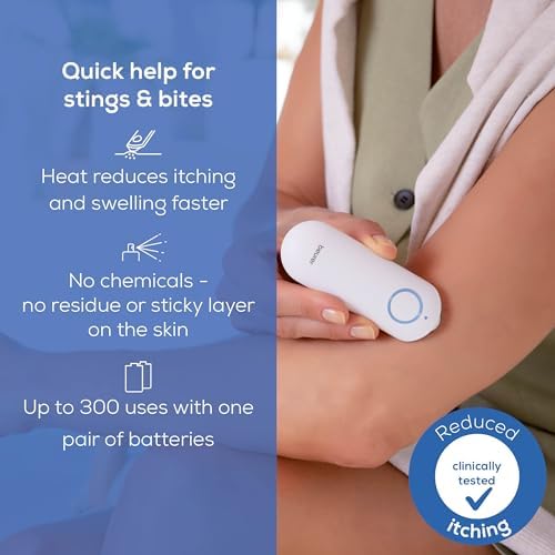 Beurer BR60 portable insect bite relief pen illustrating the smooth ceramic heating plate used for non-toxic treatment.