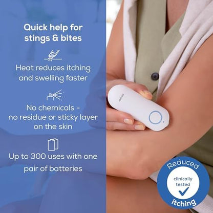 Beurer BR60 portable insect bite relief pen illustrating the smooth ceramic heating plate used for non-toxic treatment.