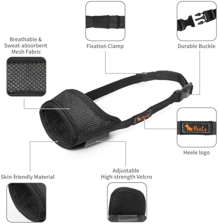 Black large size HEELE breathable mesh pet training muzzle laid flat showing its durable construction.