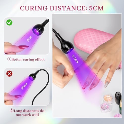 Close up of the Krofaue ultraviolet manicure lamp illuminating a fingernail during a flash cure session