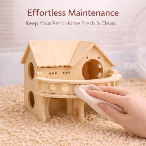 Improved Safety Large Balcony Small & Cute Wooden Hamster House with Large Balcony - Double-Decker Forest-Style Hut for Dwarf Hamsters, Mice, Gerbils, Rats & Small Pets (Compact Size Only) - Image 7