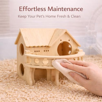 Improved Safety Large Balcony Small & Cute Wooden Hamster House with Large Balcony - Double-Decker Forest-Style Hut for Dwarf Hamsters, Mice, Gerbils, Rats & Small Pets (Compact Size Only) - Image 7