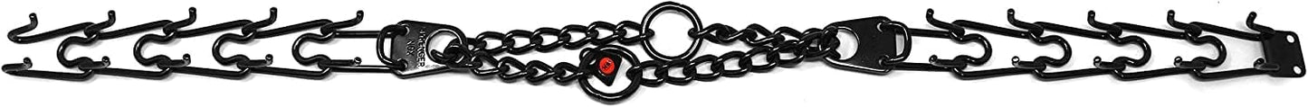 German engineered black stainless steel dog prong collar side view obedience training tool
