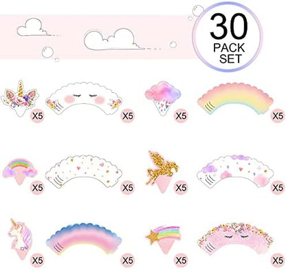 Assembled unicorn cupcake topper on a decorated dessert