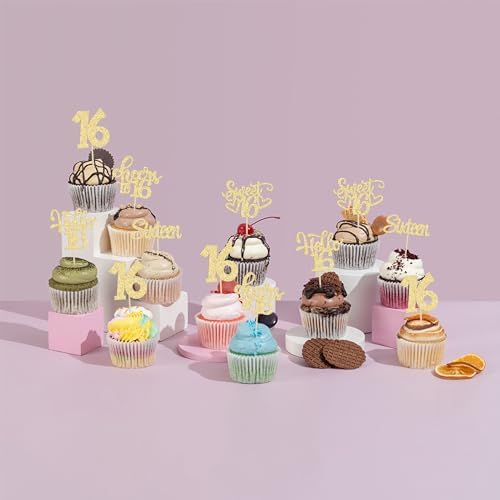Gold glitter Happy 16th birthday cupcake topper detail