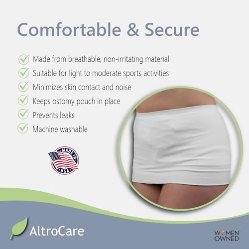 White AltroCare ostomy wrap showing secure fit on an active torso closeup