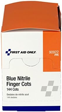An individual wearing a blue nitrile finger guard to protect a minor cut during office work.