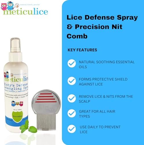 Meticulice peppermint oil lice repellent spray for daily hair conditioning and protection.
