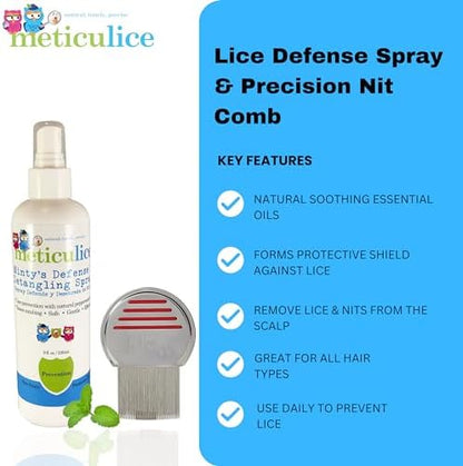 Meticulice peppermint oil lice repellent spray for daily hair conditioning and protection.