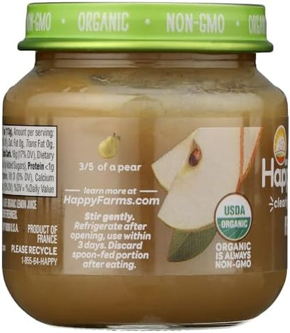 Close up of organic pear puree texture in 4 ounce jar