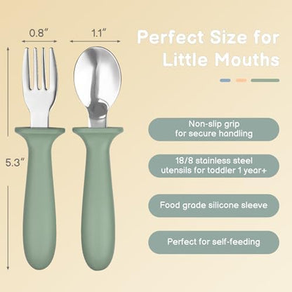 Eascrozn kids silverware set showing silicone handles and fork and spoon design