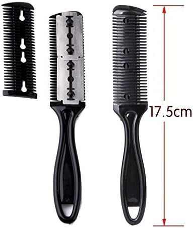 Dual sided hair cutting scissors comb showing close up of stainless steel blade