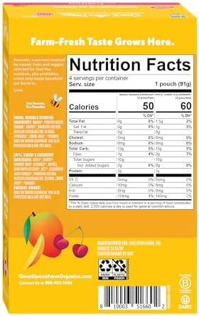 Once Upon a Farm Mango Banana Spirulina fruit pouch nutritional label and packaging details