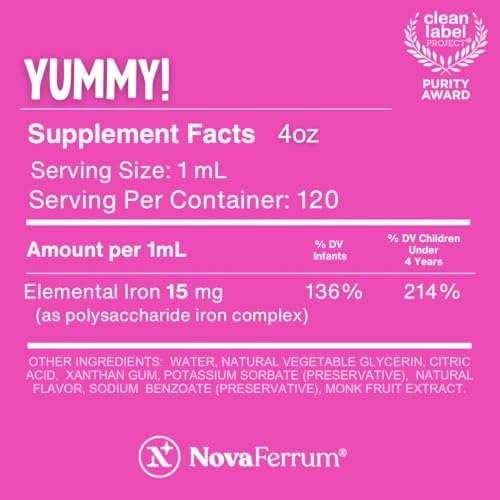 Side profile of NovaFerrum child iron supplement box showing clinical trial safety study information