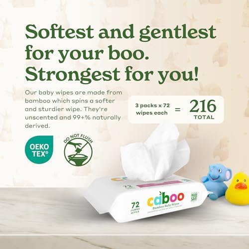 Three individual packs of seventy two count Caboo unscented wet wipes arranged together