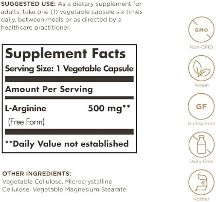 Solgar L-Arginine 500 Milligrams supplement facts label