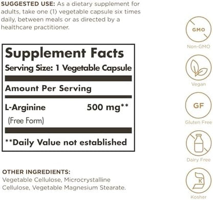 Solgar L-Arginine 500 Milligrams supplement facts label