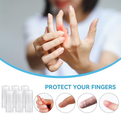 Washable and reusable transparent rubber finger covers being rinsed under tap water