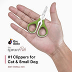 Ergonomic green rubberized grip handle of the pet claw trimmer shown from a side angle