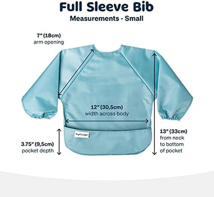 Two pack of Tiny Twinkle waterproof smock bibs for babies displayed flat in slate and olive colors.