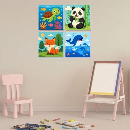 Four different cute cartoon animal canvases featuring a turtle panda fox and whale
