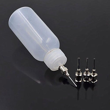 Hennasy plastic henna bottle applicator front view with precision stainless steel needle tips for body art.