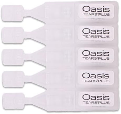Oasis TEARS PLUS 0.3 milliliter individual vials showing preservative free formula labeling.