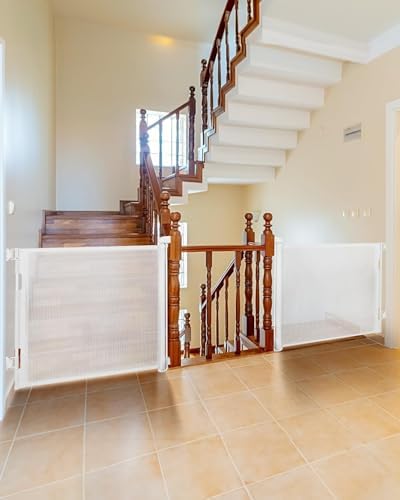 Veraste mesh pet safety gate fully extended across a modern wooden staircase.