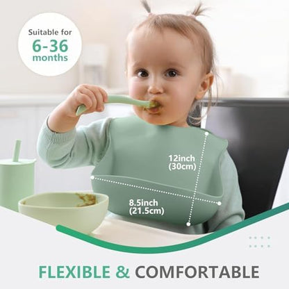 Waterproof food grade silicone bib set by Cuddle Campus demonstrating the expanded spill catcher pocket.