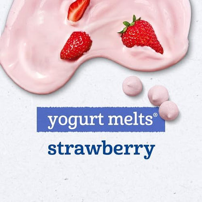 Bite sized pink strawberry yogurt melts arranged neatly outside the resealable pouch