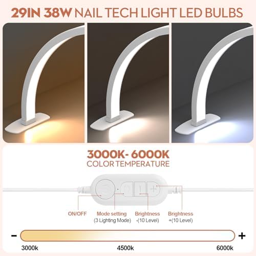 White crescent manicure table light with integrated smartphone holder holding a phone