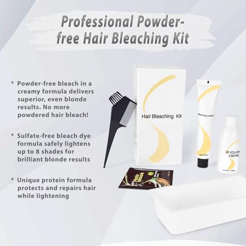 Step by step mixing instructions for the JUANCHI cream hair lightener and developer in a professional bowl