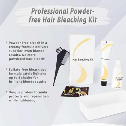 Step by step mixing instructions for the JUANCHI cream hair lightener and developer in a professional bowl