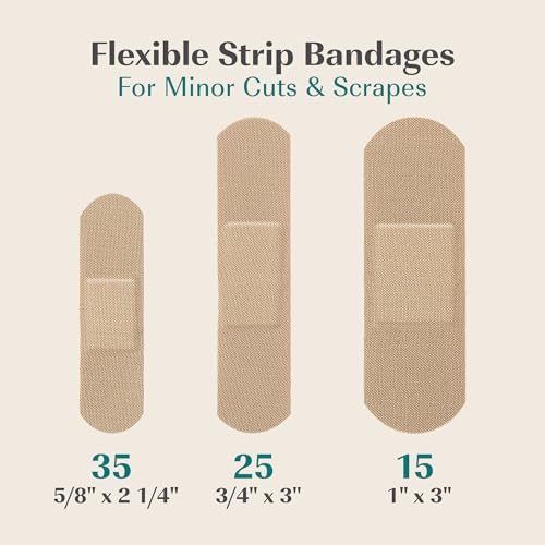 Assorted sizes of natural latex free adhesive strips arranged on a clean background