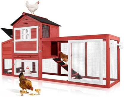 Portable Chicken Coop with Wheels Poultry Cage, Wooden Chicken Coop for 4-6 Chickens, Nesting Box, Pull-Out Tray, Ventilated Windows, Asphalt Weatherproof Roof, 81.5" Lx25.6 Wx44.1 H, Red - Image 2