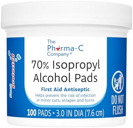 The Pharma-C Company 70 Percent Isopropyl Alcohol Pads jar front view for first aid antiseptic use.
