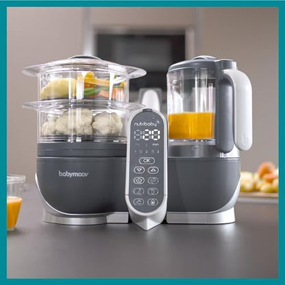 Side view of Babymoov baby puree blender showing the electronic connection tab attached