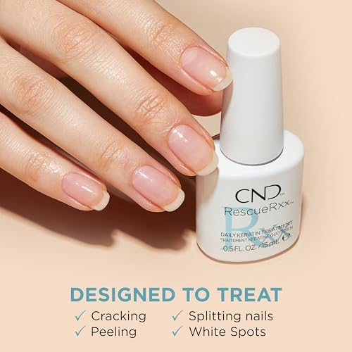 Authentic CND RescueRxx packaging showing keratin and jojoba oil ingredients.