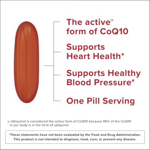 Qunol Ubiquinol 200mg dietary supplement bottle showcasing superior absorption water and fat soluble formula details