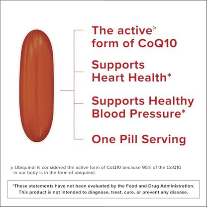 Qunol Ubiquinol 200mg dietary supplement bottle showcasing superior absorption water and fat soluble formula details