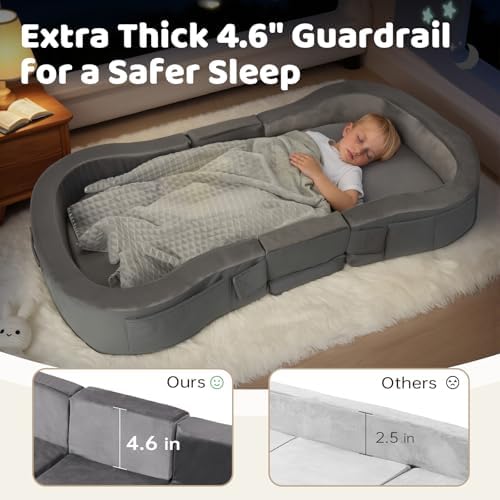 ENITYA foldable floor cot for kids showing integrated safety rails