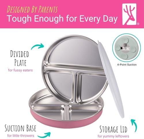 Toddler eating from Elk and Friends stainless steel divided plate