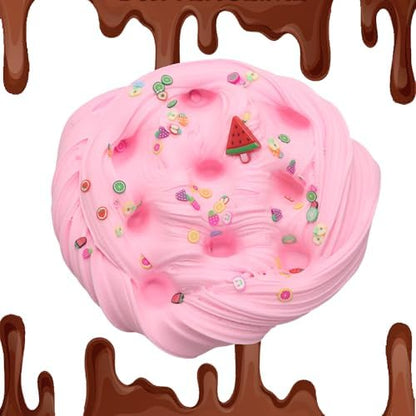 Soft and stretchy blue butter slime styled like a cupcake with colorful sprinkles.