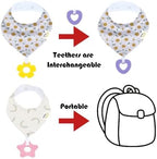 Close up of food grade silicone teether attached to baby bib